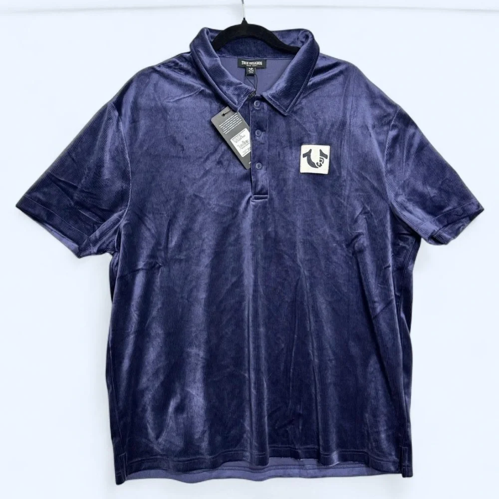 NWT True Religion XL Mens Velour Corduroy‎ Polo Shirt Y2K Streetwear Ribbed Blue